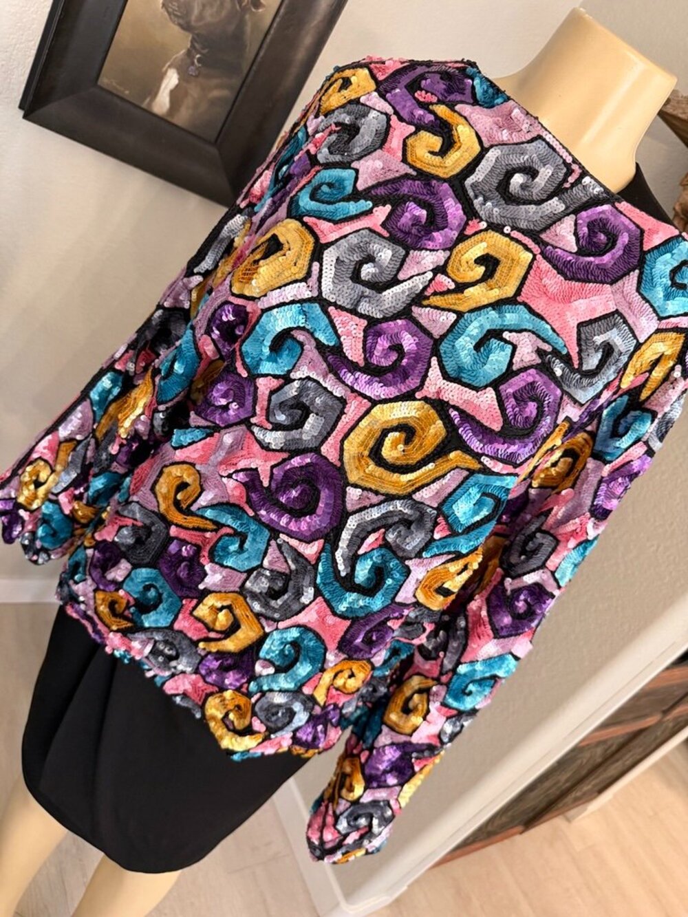 Saks 5th Ave. Multi Color Sequin Design machine stitch over Black Silk, BLOUSE